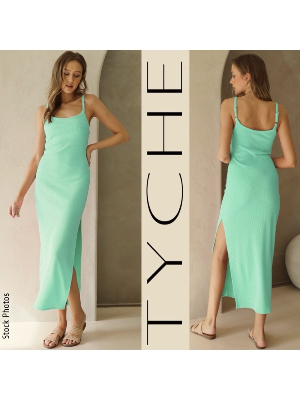 TYCHE Heavy Ribbed Knit Green Midi Bodycon Cami Dress (M)